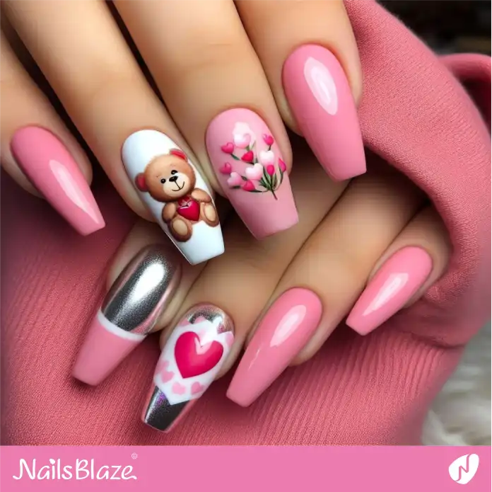 Silver and Pink Teddy Bear with Hearts Nail Design | Valentine Nails - NB2411